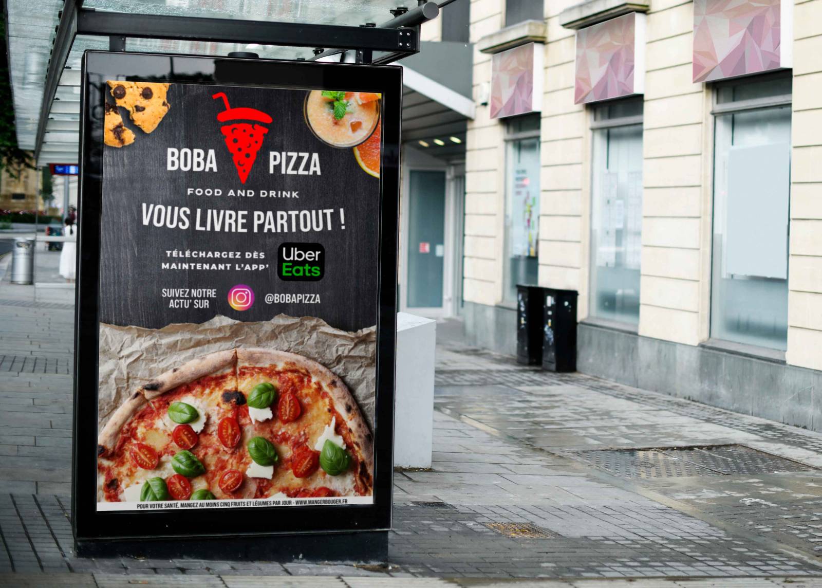 Affiche publicitaire grand format vitrine pizza boissons arnas 69400